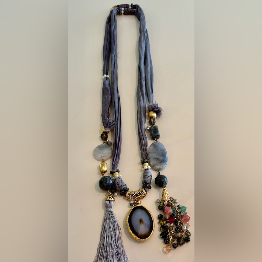 Vintage Beaded Necklace with Tassel and Gemstone Accents